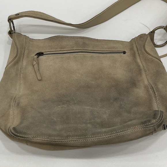 Guess Leather Suede Beige Tan Y2K Hobo Shoulder Fringe Top Zip HandBag Purse - Picture 12 of 16